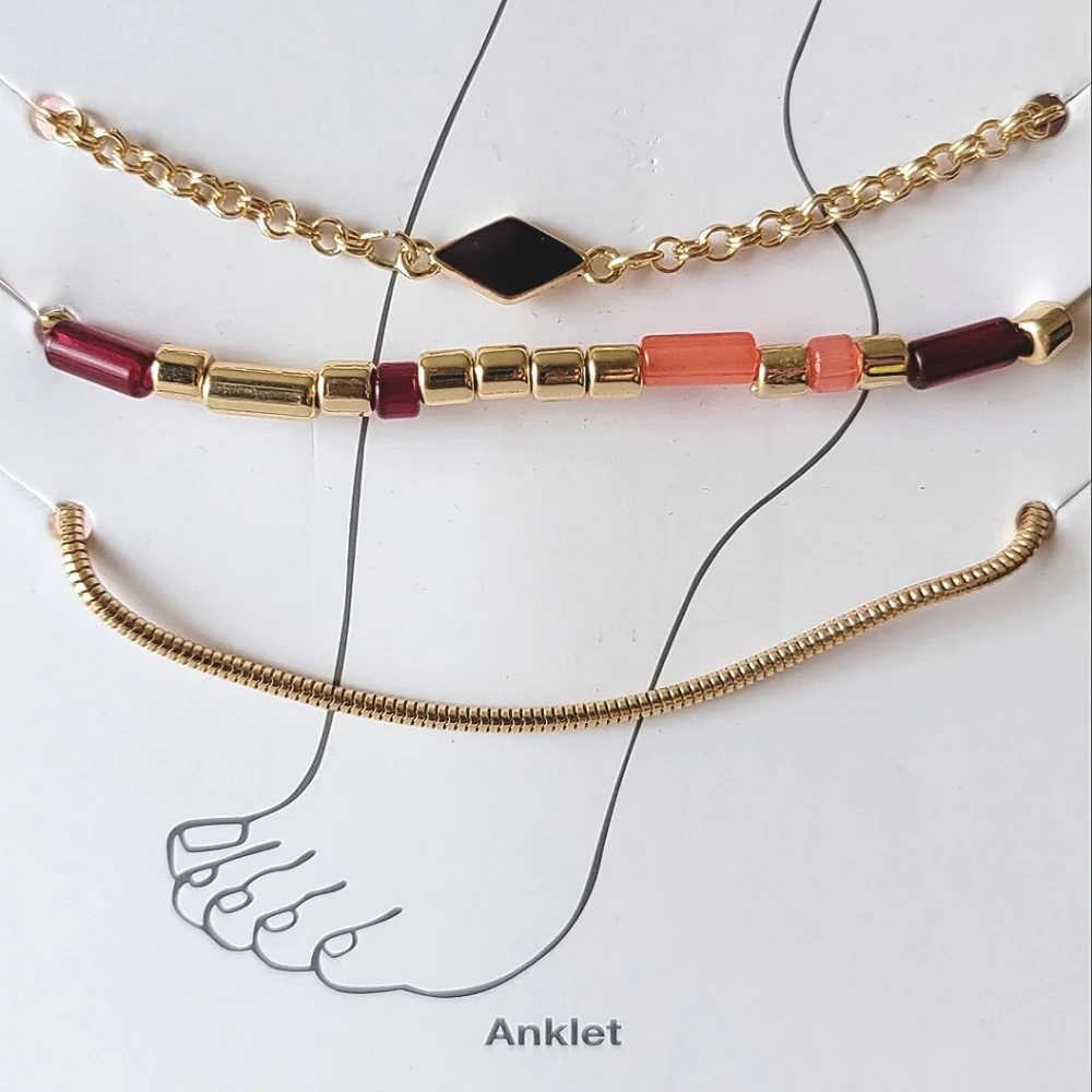 Three Ankle Bracelets Gold Tone Beaded Anklet